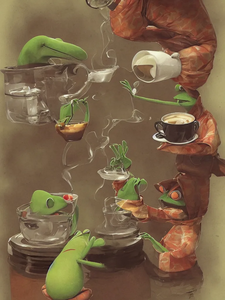 Prompt: kermit offers a cup of fresh steaming coffee, serene illustration, by Yoshita Amano, by Esao Andrews, sharp focus, fresh colors, conceptart, trending on artstation