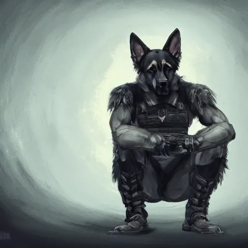 Image similar to a humanoid german shepherd beast - man in military style, sitting on the carpeted floor beside a bed, highly detailed portrait, digital painting, artstation, concept art, smooth, sharp foccus ilustration, artstation