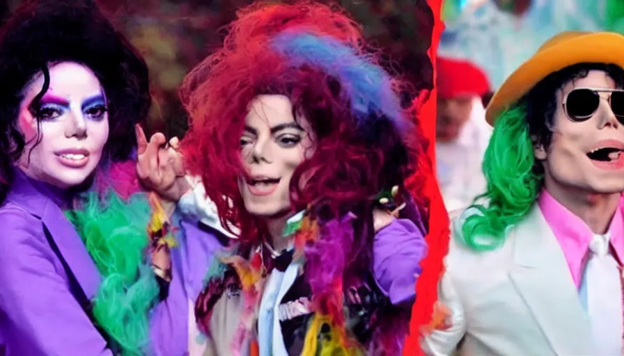 Image similar to michael jackson and lady gaga in a colorful music video from 2 0 1 3