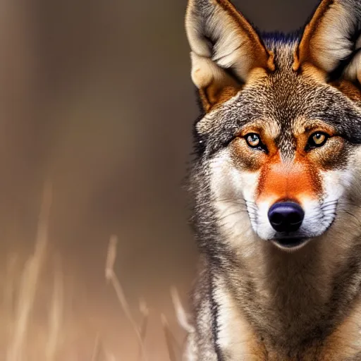 Prompt: professional photograph of a wild red wolf, high quality, hd, 8 k, 4 k, magnificent, award - winning, nature, nature photography, awe - inspiring, highly detailed, amazing