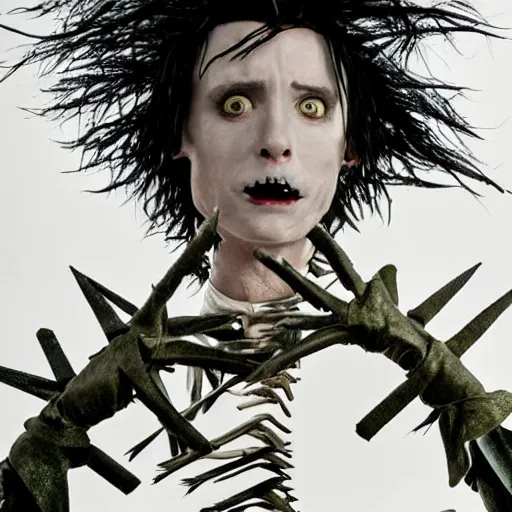 Image similar to first still taylor momson as edward scissorhands in edward scissorhands remake, ( eos 5 ds r, iso 1 0 0, f / 8, 1 / 1 2 5, 8 4 mm, postprocessed, crisp face, facial features )