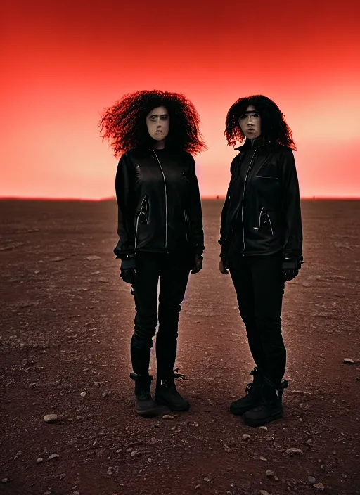 Prompt: cinestill 5 0 d photographic portrait of two loving clones, women wearing rugged black techwear on a desolate plain with a red sky, closeup, diverse species, cyberpunk, in front of a brutalist dark metal facility, dust storm, 3 5 mm, 8 k, depth of field, high resolution, ultra realistic faces, beautiful faces