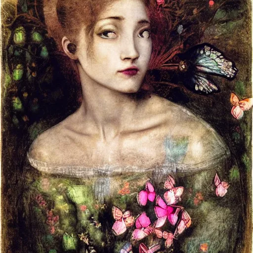 Prompt: a beautiful young lady with huge bright silver eyes, explosion of flowers and butterflies, daguerreotype by pontormo, by gustave moreau, by Mackintosh, art noveau, highly detailed, strong lights, liminal, eerie, Bright pastel colors