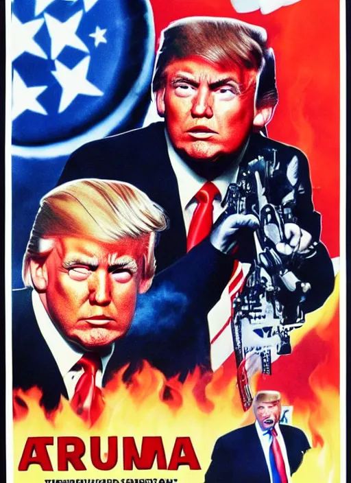 Image similar to an 8 0's john alvin action movie poster of donald trump starring in trumpster fire. explosions.