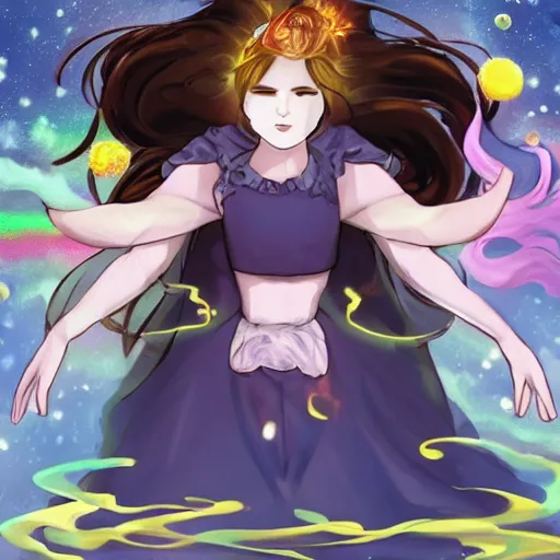 Image similar to https://cdn.discordapp.com/attachments/993896480127582278/1004237493362757712/worstimever_a_Celestial_goddess_of_time_and_space_floating_in_t_370075ae-41e7-4193-812c-4c69b13b9732.png