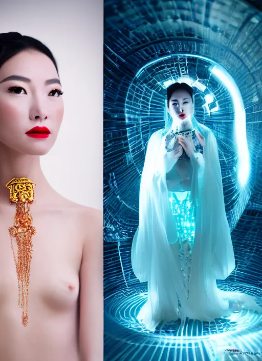 Image similar to photo shoot pose photo of beautiful Chinese ancient princess standing in the corridor in the space ship, symmetrical face, big eyes and lips, looking down, subtle makeup, clean face and body skin,ecstatic expression, ornamental jewelry and ancient translucent clothes, futuristic space ship interrior, wires with lights,depth of field, lens flares, dust in the air, moody lighting, intricate, elegant, highly detailed, centered, smooth, sharp focus, Donato Giancola, Joseph Christian Leyendecker, WLOP, Boris Vallejo, Artgerm moody photography, old photo, black and white, sepia, cinematic lighting, cinematic angle, editorial photography