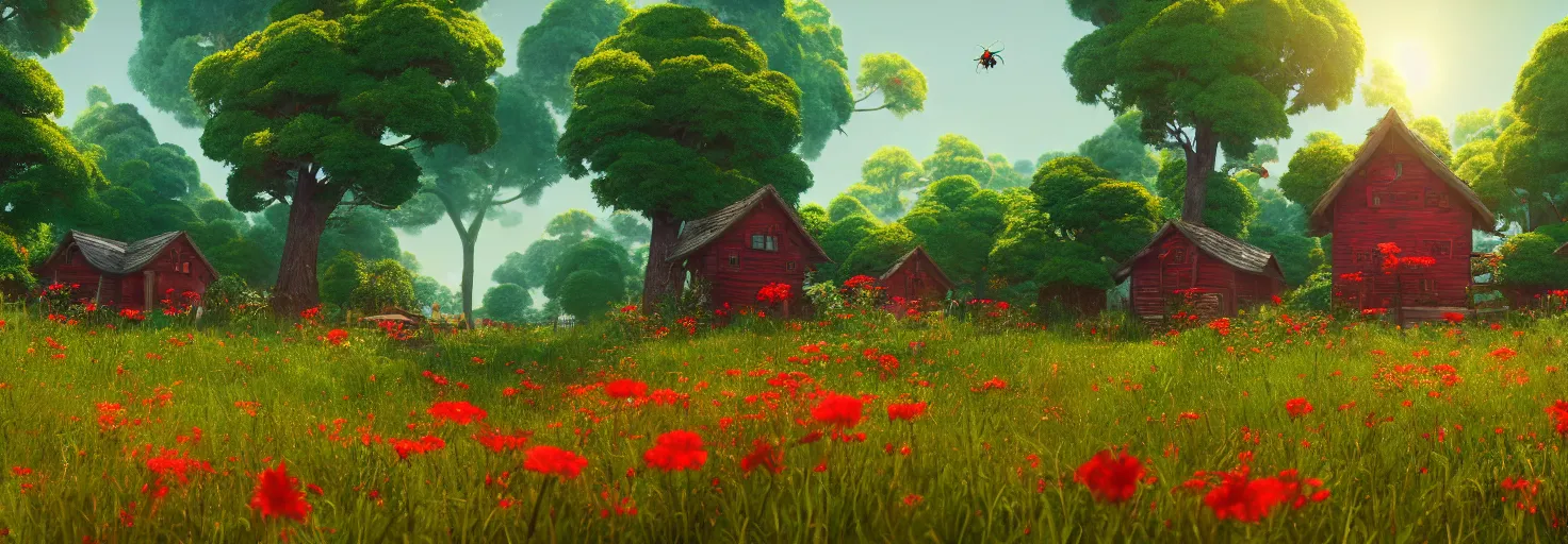 Image similar to crimson - black beehive, in a beautiful forest meadow village landscape, flowers, happy trees, photorealistic, octane render, rtx, hdr, unreal engine, digital art widescreen 8 k, studio ghibli, bob ross, pixar, bee movie, disney