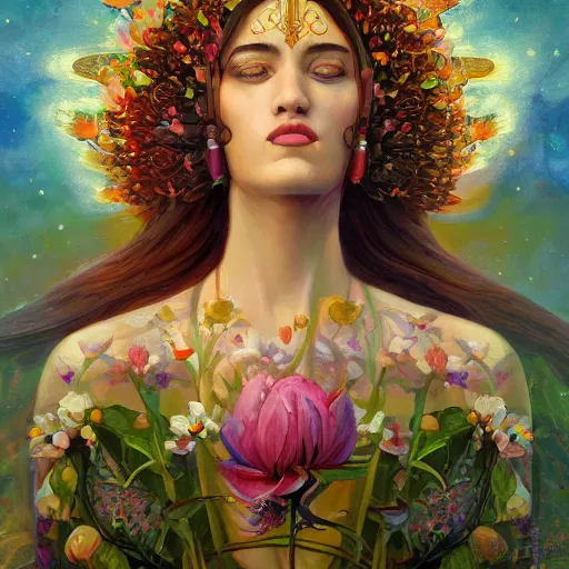 Prompt: a portrait oil painting of a singular beautiful female godess of spring with colorful flowers, holy geometry, tarot card style, by Mohrbacher and Moebius, cinematic lighting, masterpiece, golden ratio background, highly detailed, 8k resolution, trending on art station