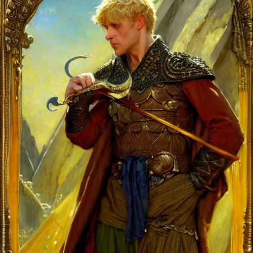 Image similar to handsome arthur pendragon in love with handsome merlin the mage. merlin is also in love with arthur. highly detailed painting by gaston bussiere, craig mullins, j. c. leyendecker