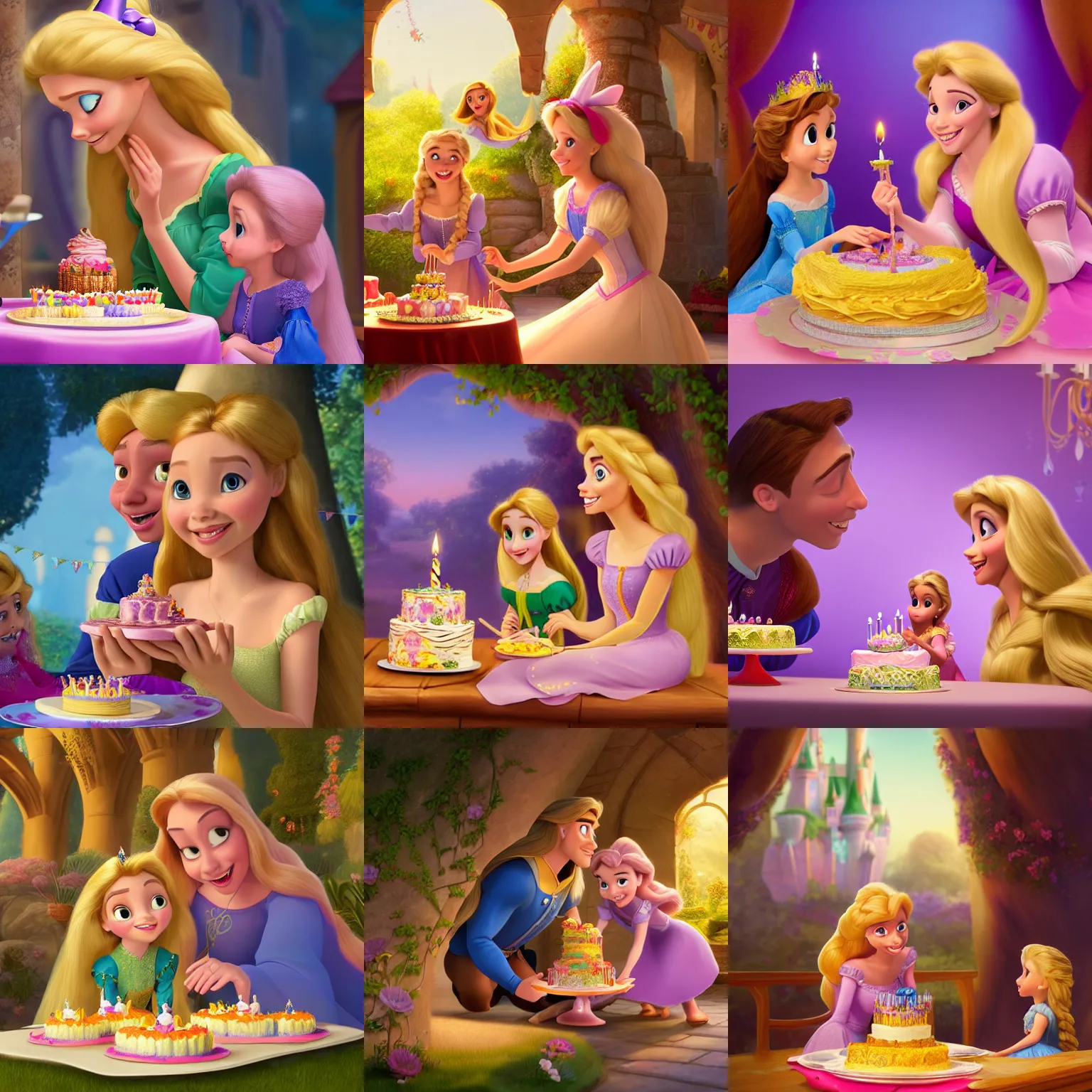 Prompt: a disney children's book illustration of rapunzel and princess sophia at a birthday party eating cake. brightly lit scene. this 4 k hd image is trending on artstation, featured on behance, well - rendered, extra crisp, features intricate detail, epic composition and the style of unreal engine.