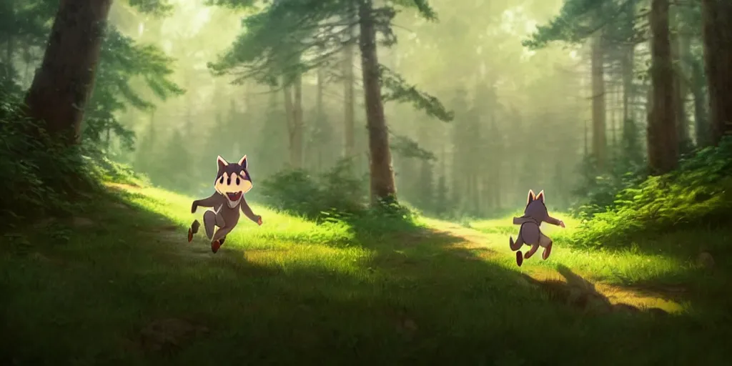 Image similar to a wholesome animation key shot of a cute wolf boy running through a forest, medium shot, waist up, studio ghibli, pixar and disney animation, sharp, rendered in unreal engine 5, anime key art by greg rutkowski, bloom, dramatic lighting