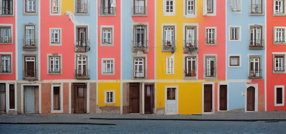 Prompt: house in porto with multicolored tiles. photographed by wes anderson on fujinon premista 1 9 - 4 5 mm t 2. 9. portra 8 0 0.