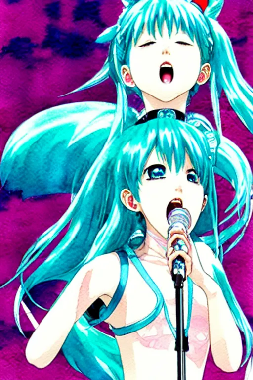 Prompt: a high detail watercolor of miku hatsune singing by Yukito Kishiro and katsuhiro otomo