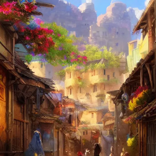 Image similar to colorful Kurdish village, anime, a fantasy digital painting by Greg Rutkowski and James Gurney, trending on Artstation, highly detailed