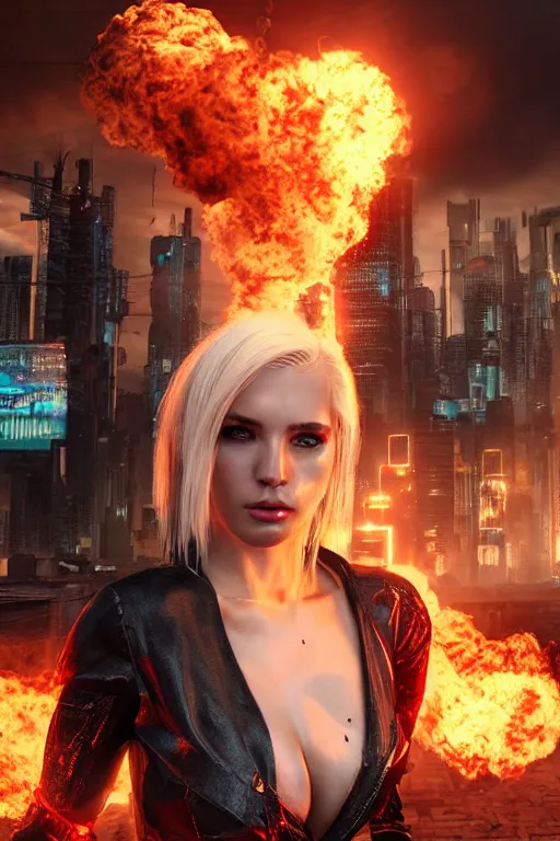 Image similar to beautiful blonde woman with her body completely covered in flames, cyberpunk, behind her a city during the end of the world, realistic, high definition, many details, symmetrical face, realistic eyes, art of unreal engine 5