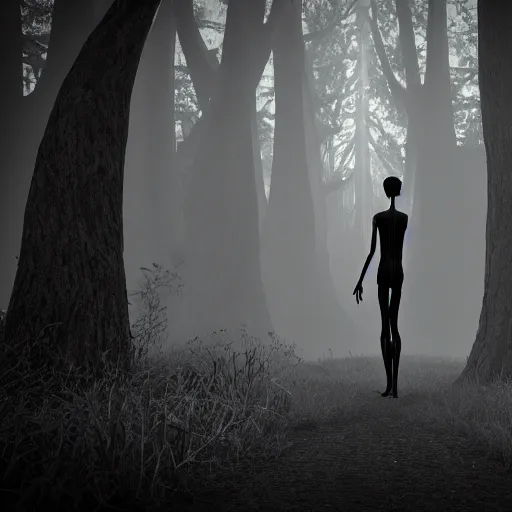 Image similar to photorealistic detailed tall skinny humanoid creature in a dark forest at night, extremly detailed, black and white, 8 k, realistic, sharp focus