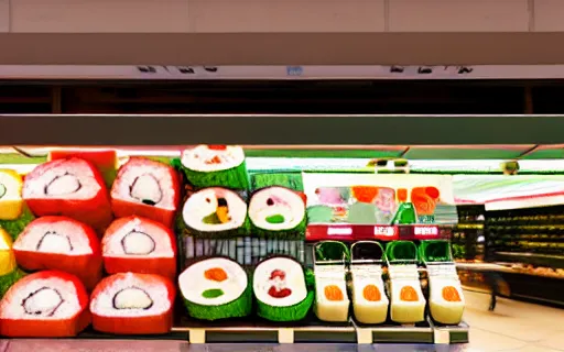 Image similar to A small wooden stand selling sushi stands in a large supermarket that sells groceries, cinematic lighting, commercial photography