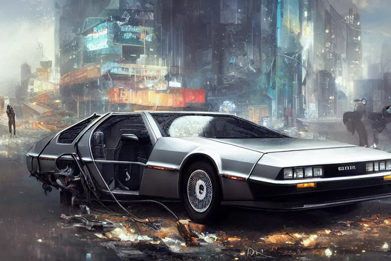 Image similar to photograph of the delorean, with a sleek spoiler, driving down the streets of a cyberpunk abandoned city, by greg rutkowski, by stanley artgerm, by alphonse mucha