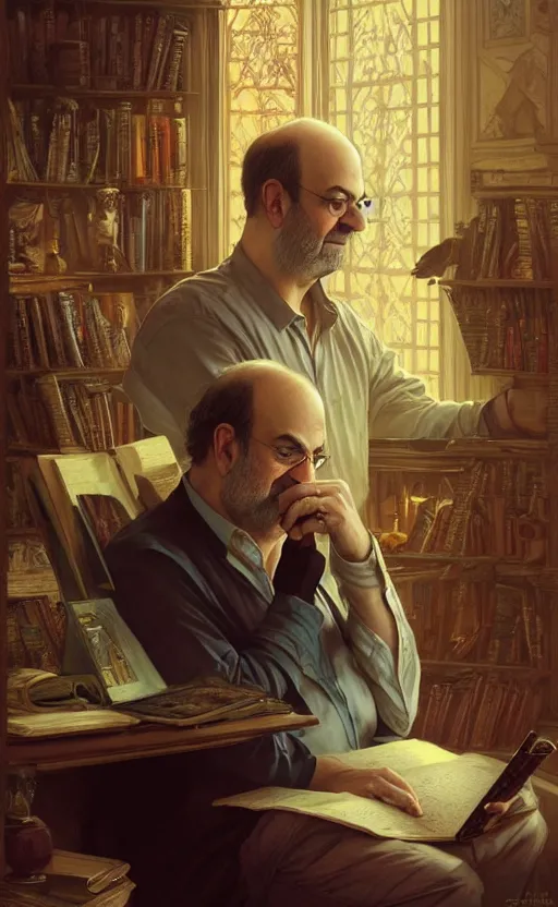 Image similar to portrait of salman rushdie writing, deep focus, d & d, fantasy, intricate, elegant, highly detailed, digital painting, artstation, concept art, matte, sharp focus, illustration, art by artgerm and greg rutkowski and alphonse mucha