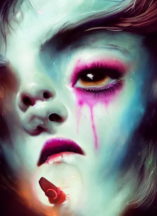 Image similar to profile of sinister girl with pouty aerochrome lips, fungal, adorable, cute bandaid on nose!!, expressive eyes, playful pose of a demon, greg rutkowski, charlie bowater, yuumei, stephen gammell, unreal 5, daz, hyperrealistic, octane render, rpg portrait, dynamic lighting, fantasy art, beautiful face