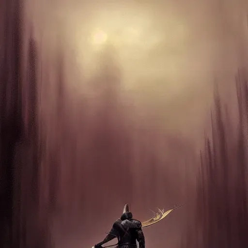 Image similar to black style knight looking like vladimir putin with a powerful weapon, fog, dramatic lighting, cinematic composition, a fantasy digital painting by greg rutkowski and james gurney, trending on artstation, highly detailed, hyperrealistic, realistic, photorealistic, dynamic lighting, highly detailed, cinematic landscape, studio lighting