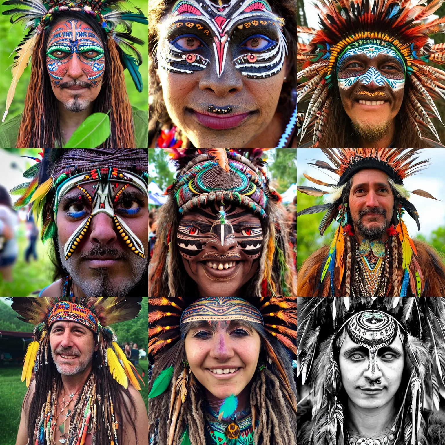 Prompt: the face of a beautiful calm and happy person at a festival who has glimpsed the fourth dimension, tribal feather plant wood shaman, intricately detailed, beautiful face, detailed eyes, award winning, 8 k