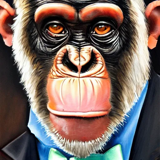 Image similar to a high detail portrait of a chimp wearing a suit 👔,and smoking🚬