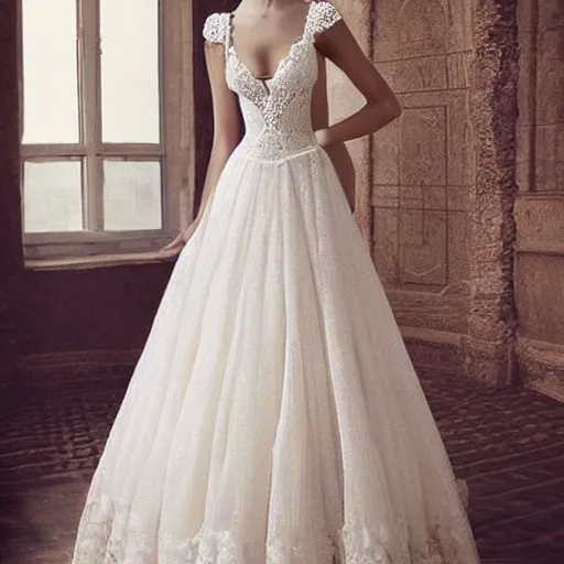 Image similar to fancy delicate knitted wedding dress in light color with fantastically beautiful openwork and pearls, fluffy in places, with an open back. hyper - realistic photo. beautiful. slim. with a beautiful full - length model face. very clear details. background for the style of the dress. luxury is a masterpiece.