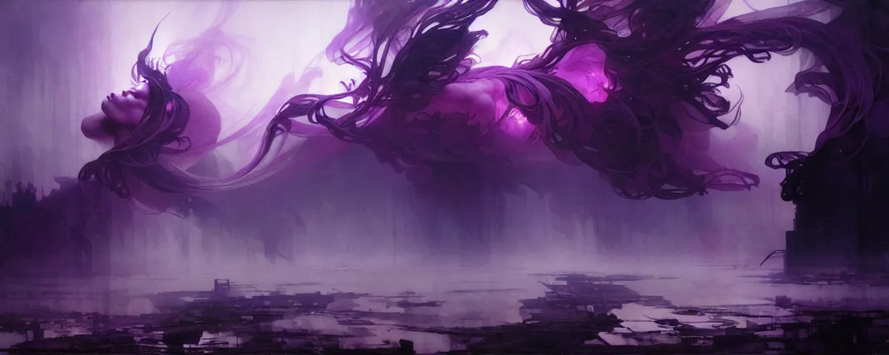 Prompt: purple heaven, intricate concept art, ethereal, ominous, dramatic lighting, Ruan Jia and Jeremy Mann and Alphonse Mucha