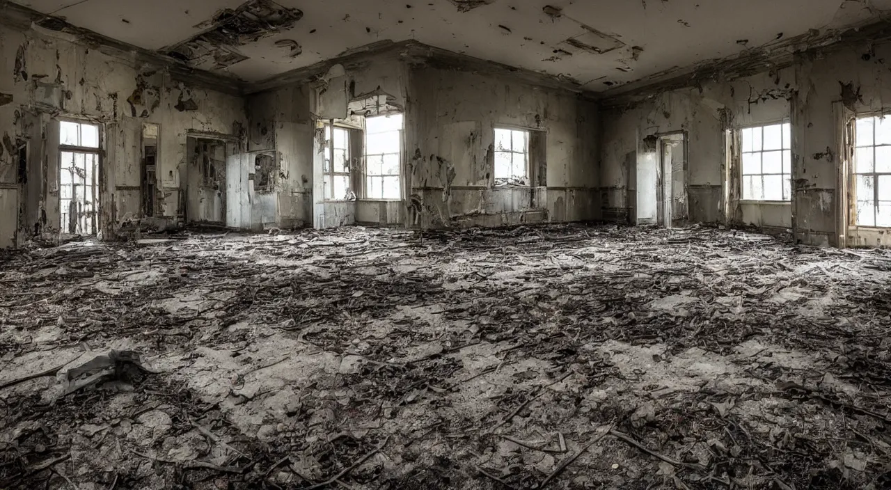 Image similar to photograph of the inside of a rotting abandoned hospital with a checkered floor, dark, no windows, horror | joe biden barely in view in the corner with a demonic grin on his face