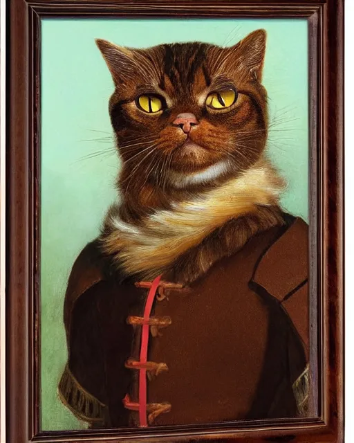 Image similar to portrait of cute brown cat with serious expression wearing 1 7 th century royal guard uniform, baroque painting, greg rutkowski