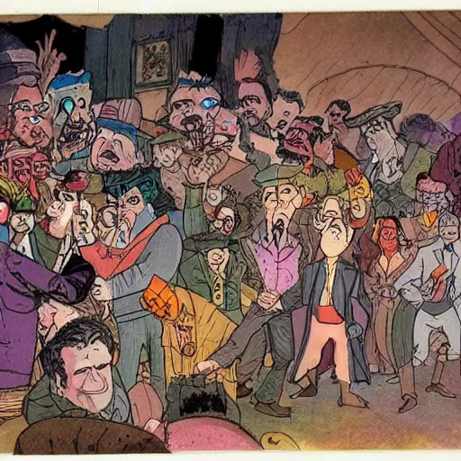 Prompt: Bakshi style film cell of a crowded tavern. animation