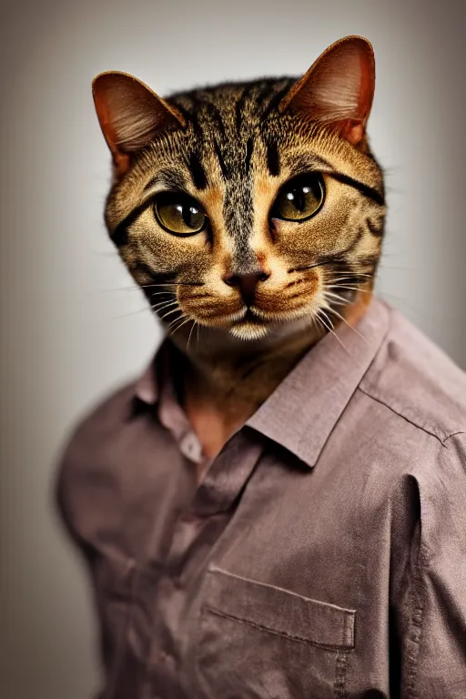 Prompt: anthropomorphic cat that looks like a man, wearing a shirt, full body portrait photo, realistic, studio lighting, professional photography, nikon 5 0 mm f / 1. 8 g, canon