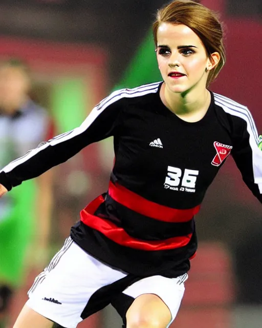 Image similar to a portrait of emma watson as a lokomotiv football player, hyper realistic