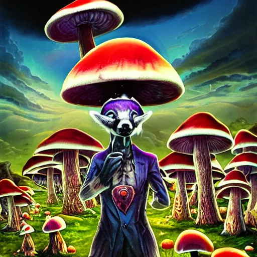 Prompt: 4 k headshot portrait of a psychedelic demonic anthropomorphic badger with mushroom themed clothes, magic mushroom village in background by jeff easley, award winning, stylized neon, post - processing, masterpiece, superb resolution. in the art style of junji ito and greg rutkowski. detailed mushroom city in background. hyper realistic anime. perfect art. dalle 2