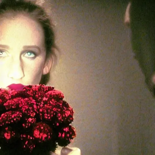 Image similar to movie still of the girl with the flowers head, cinematic composition, cinematic light, dream effect, dream atmosphere, by edgar wright and david lynch,