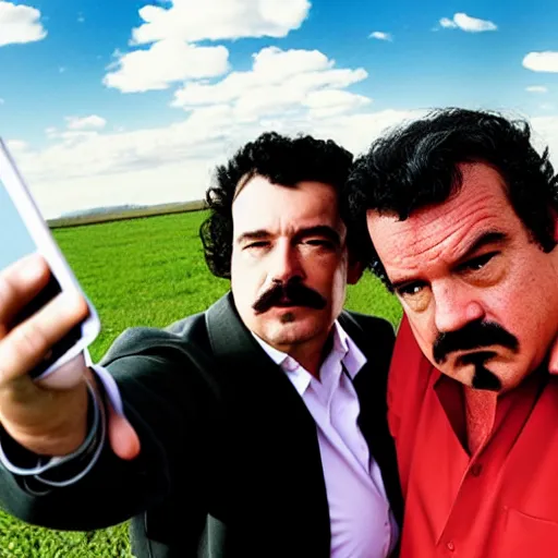 Prompt: walter white taking a selfie with pablo escobar, hd 4 k photo