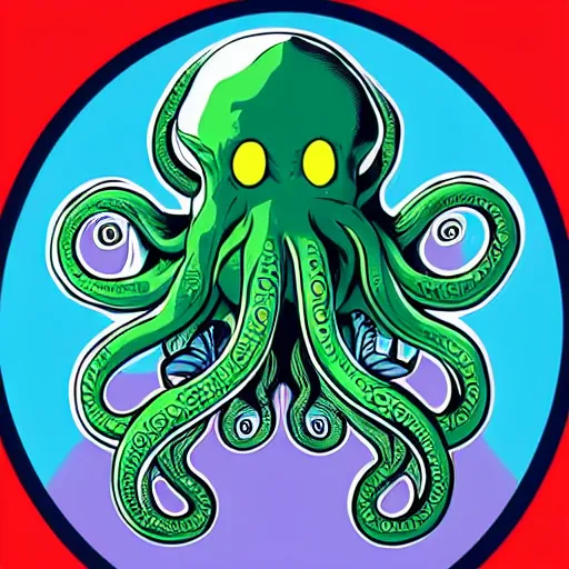 Prompt: hyper realistic award winning illustration by jamie mckelvie of in frame cute cthulhu moving it's tentacles against a blue background, digital art