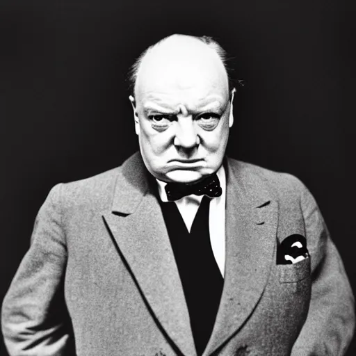 Image similar to a sharp and stylish portrait of winston churchill being more hungover than he has ever been before. by herb ritts