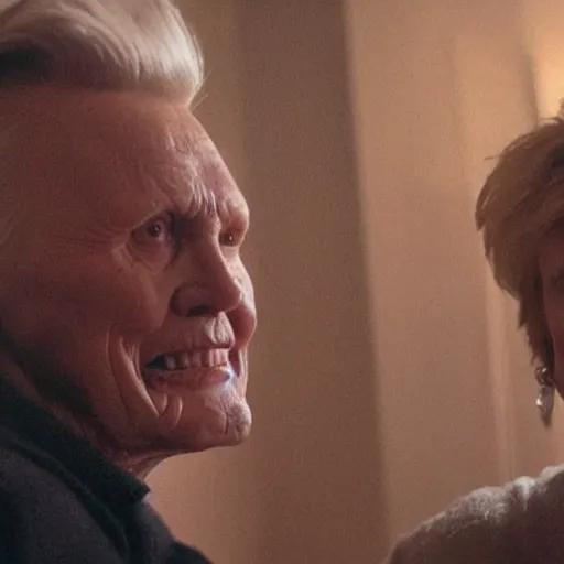 Prompt: john voight is a ghostbuster, capturing jane lynch horrible scary poltergeist, practical effects, monster makeup, gritty film, melting face, skeletal scream