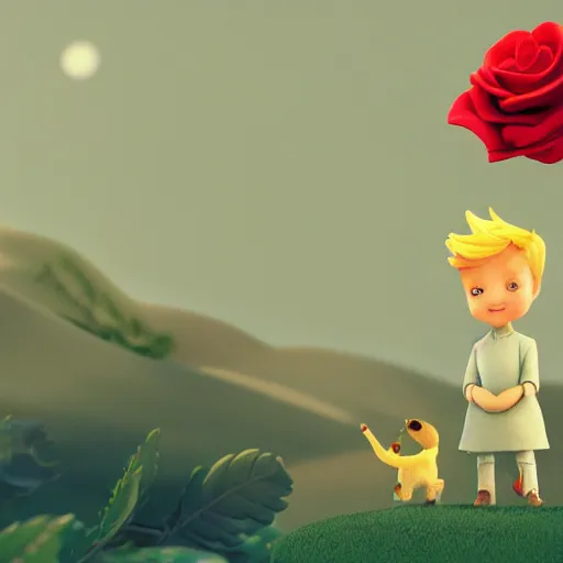 Image similar to the little prince with his rose illustration, bokeh, octane render, award winning