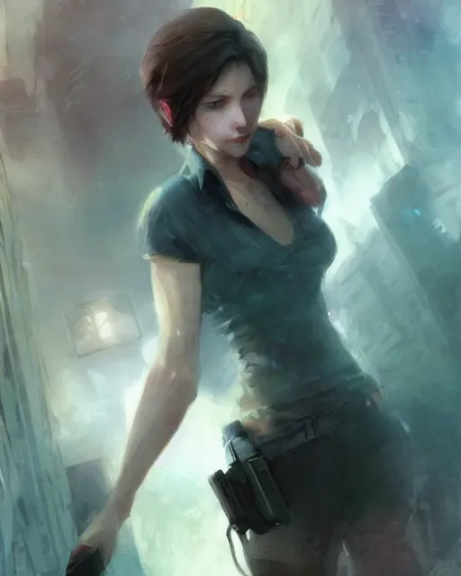 Prompt: beautiful charismatic, rugged jill valentine, face centered portrait, confident, ruined cityscape, fog, rain, volumetric lighting, soft light particles floating near her, illustration, perfectly shaded, soft painting, art by krenz cushart and wenjun lin