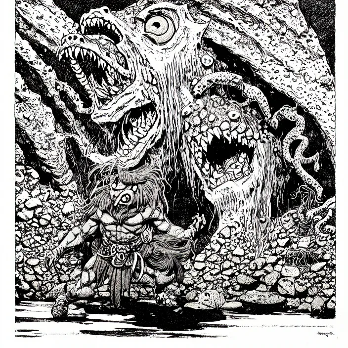 Prompt: オクタロック spitting rocks, as a d & d monster, pen - and - ink illustration, etching, by russ nicholson, david a trampier, larry elmore, 1 9 8 1, hq scan, intricate details, high contrast