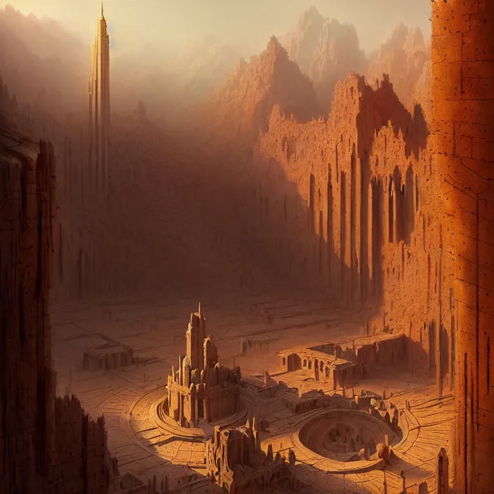 Prompt: matte painting by marc simonetti, jonathan solter, greg rutkowski of a desert temple, masterpiece, cinematic, hyperdetailed, photorealistic, hyperrealism, architecture, aerial view,
