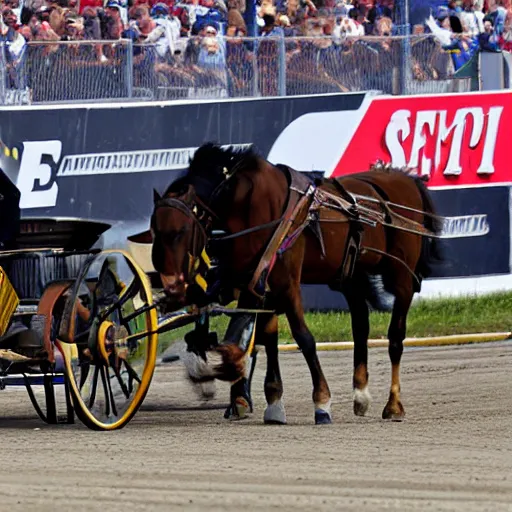 Prompt: amish horse pulled buggy in a nascar race, long shot