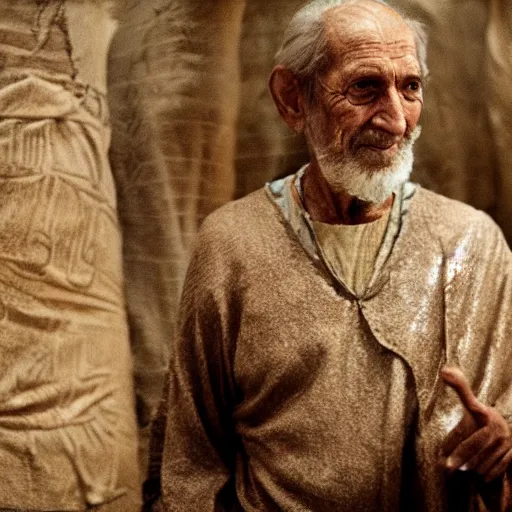 Image similar to cinematic film still of 80 year old man in ancient Canaanite clothing building Noah's Ark, directed by Steven Spielberg