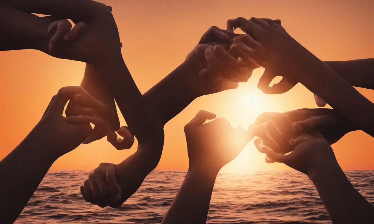 Image similar to digital illustration of many highly hands arms gripping each other by the forearms, at sunset, in the style trending on artstation, cinematic, expressing the idea of teamwork, ocean spray, dramatic lighting