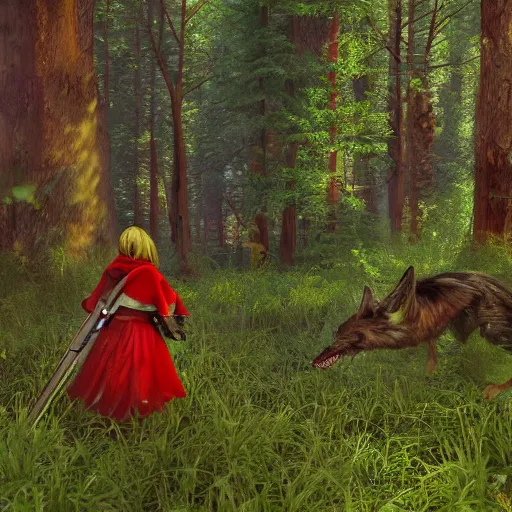 Image similar to portrait of a cute and beautiful, smirking heavily armed little red riding hood, getting attacked by a werewolf from behind in a lush green forest, sharp focus, unreal engine 5, digital illustration, volumetric light, highly detailed, intricate, by michael whelan, james gurney, 8 k