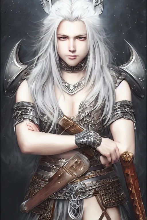 Image similar to A realistic anime portrait of a beautiful white haired female barbarian wearing an intricate viking armor, digital painting, by Stanley Artgerm Lau, Sakimichan, WLOP and Rossdraws, digital painting, painterly, Pixiv, Deviantart, golden ratio, rule of thirds, good composition, HD, 8k, award winning, promo art, splash art, rpg, jrpg, dungeons and dragons, DND, trending on ArtStation