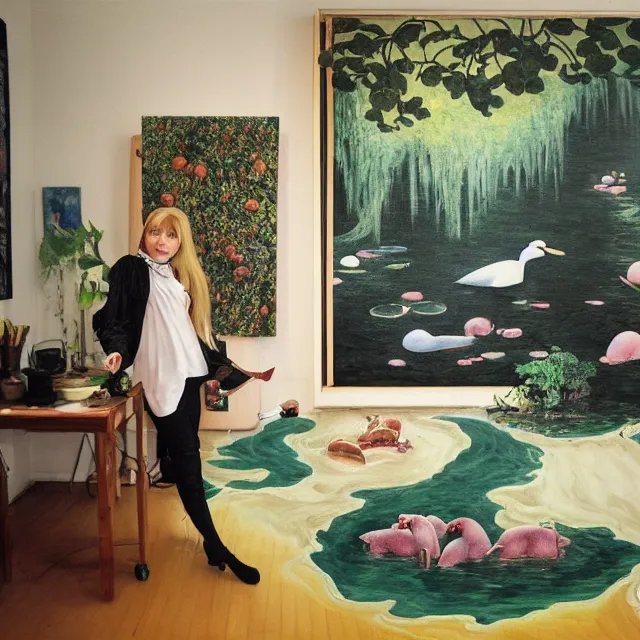 Image similar to catgirl emo art student in her lounge room, painting of flood waters inside an artist's loungeroom, a river flooding indoors, pomegranates, pigs, ikebana, water, octopus, river, rapids, waterfall, black swans, canoe, berries, acrylic on canvas, surrealist, by magritte and monet